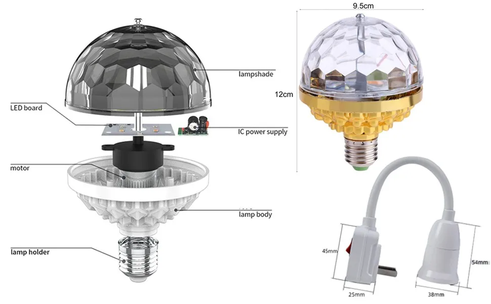 Luz de bola de discoteca rotativa colorida, lâmpada de festa de 7 cores, luz de bola mágica rotativa para decoração de festas de aniversário e natal