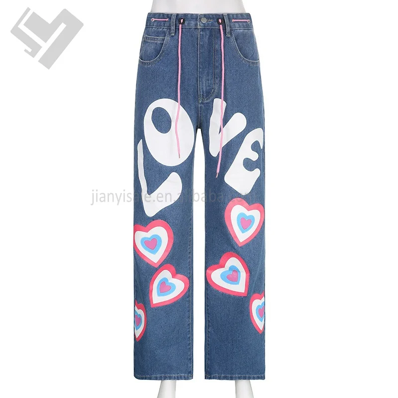 Fashion Casual Multi Pocket Heart Shaped Printed Color Flare Denim Cargo  Pants Women Low Waist Straight Loose Jean