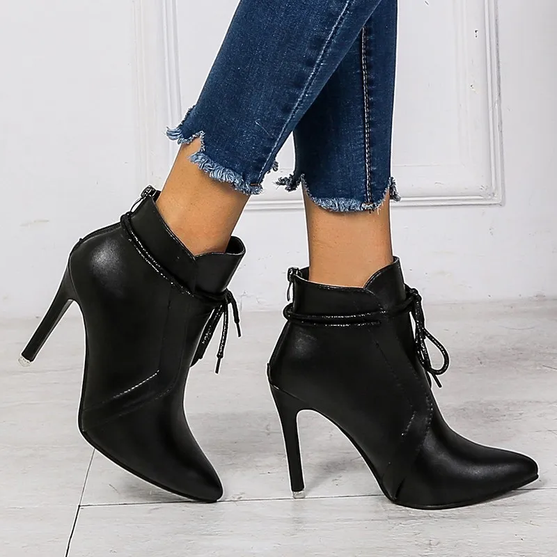 New Winter Autumn Black Stiletto Boot Leather Pointed Toe Ladies