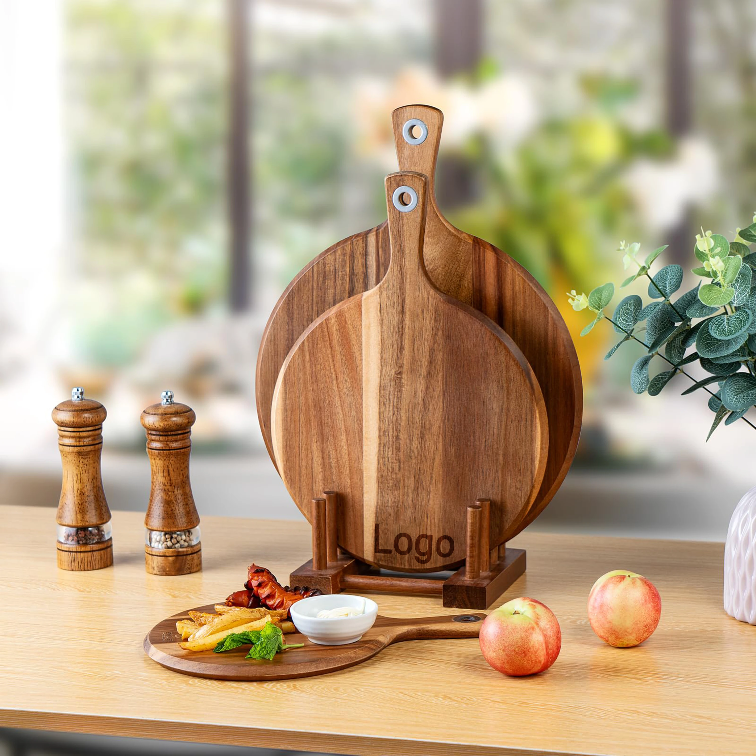 product custom 3 piece wood cutting board set kitchen chopping board pizza paddle with handle charcuterie serving board-4
