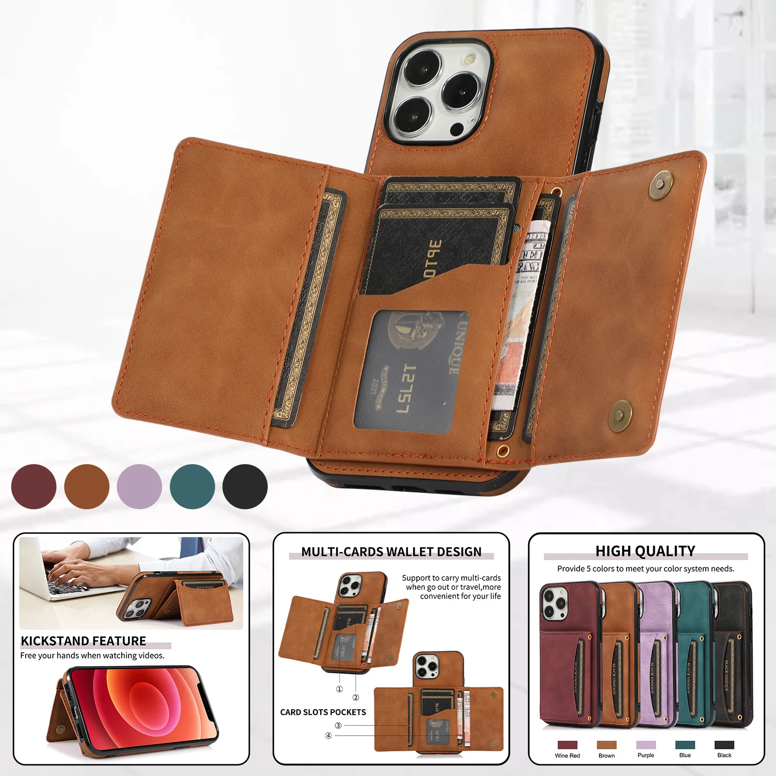 Luxury Leather Wallet Card Holder Flip Case For iPhone 14 13 12 Pro Ma –