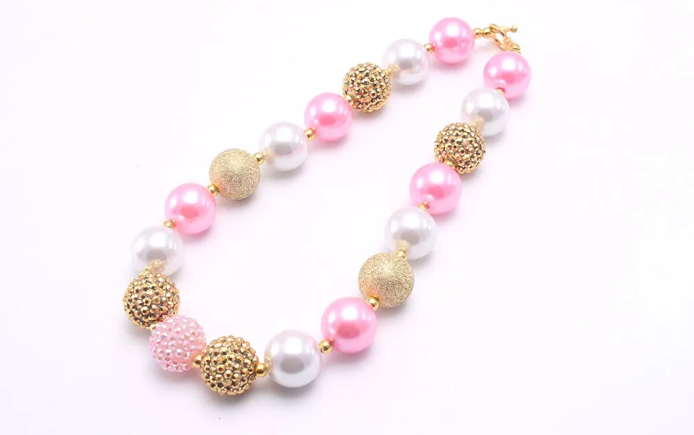 Charming Girls Kids Pearl Rhinestone Beads Necklace 20mm Bubblegum Chunky Necklace Pink White