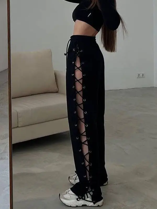 Hot Selling Women Trendy White Lace up Side Slit Pants High Waist Loose Wide Leg Trousers Casual Streetwear Women's Jeans