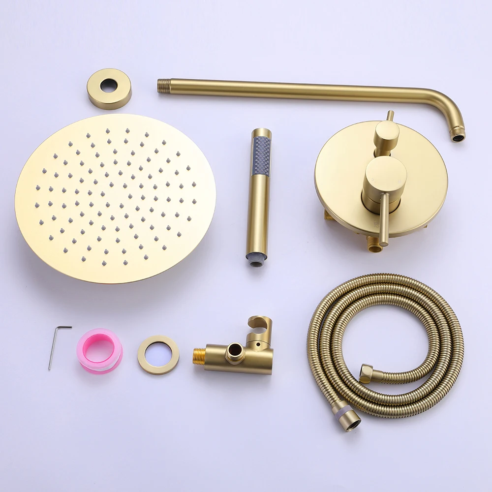 New Bath Shower Mixer Bathroom Rain Shower Brushed Gold Rainfall Brass Shower System Set and Faucets