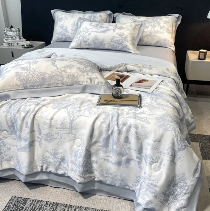 Luxury 100% Silk  4Sets of Light Weight Summer Sleeping Cooling Material Duvet Cover Set Printed Flower Design Duvet Bedding Set