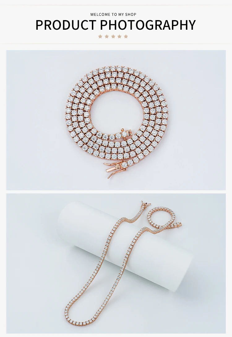 customized 3mm 16in 18in mossanite moissanite 925 sterling silver fashion jewelry rose gold plated tennis necklaces for women