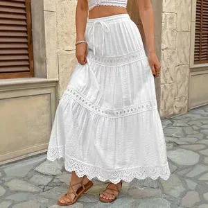 Feminine Casual White Lace Patchwork Long Skirt Elastic Waist Women's Dress Romantic Versatile