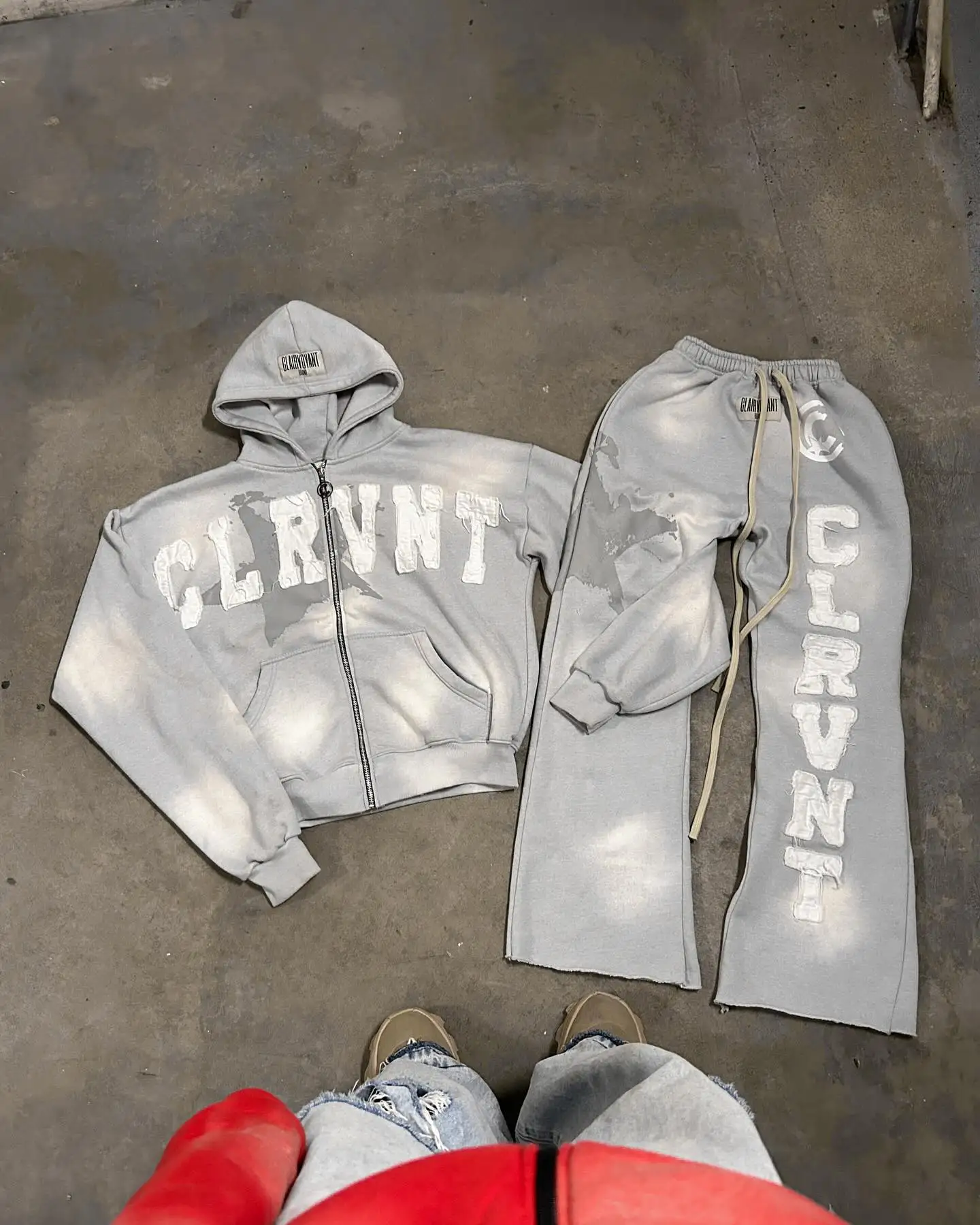 Custom Unisex Embroidery Applique Distressed Zip up Acid Wash Sweatsuits Sweatpants and Hoodies Sets Flared Tracksuits for Men gallery 10