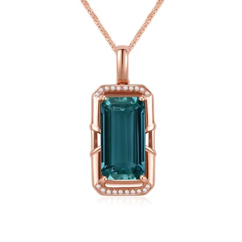 Rectangle 18K Rose Gold Diamond Natural Blue Tourmaline Necklace Fashion Jewelry Women
