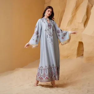 New Women's Clothing: Middle Eastern Muslim Ladies' Long Robe with V-Neck, Printed Tassel, Elegant Arab Abaya Dress
