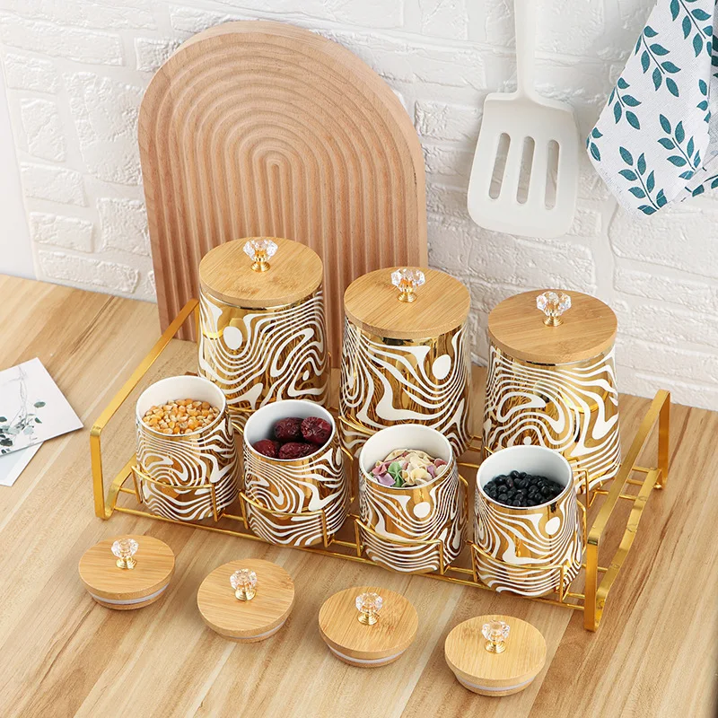 Set of 7 Color Glazed Ceramic Kitchen Canisters For Tea, Coffee