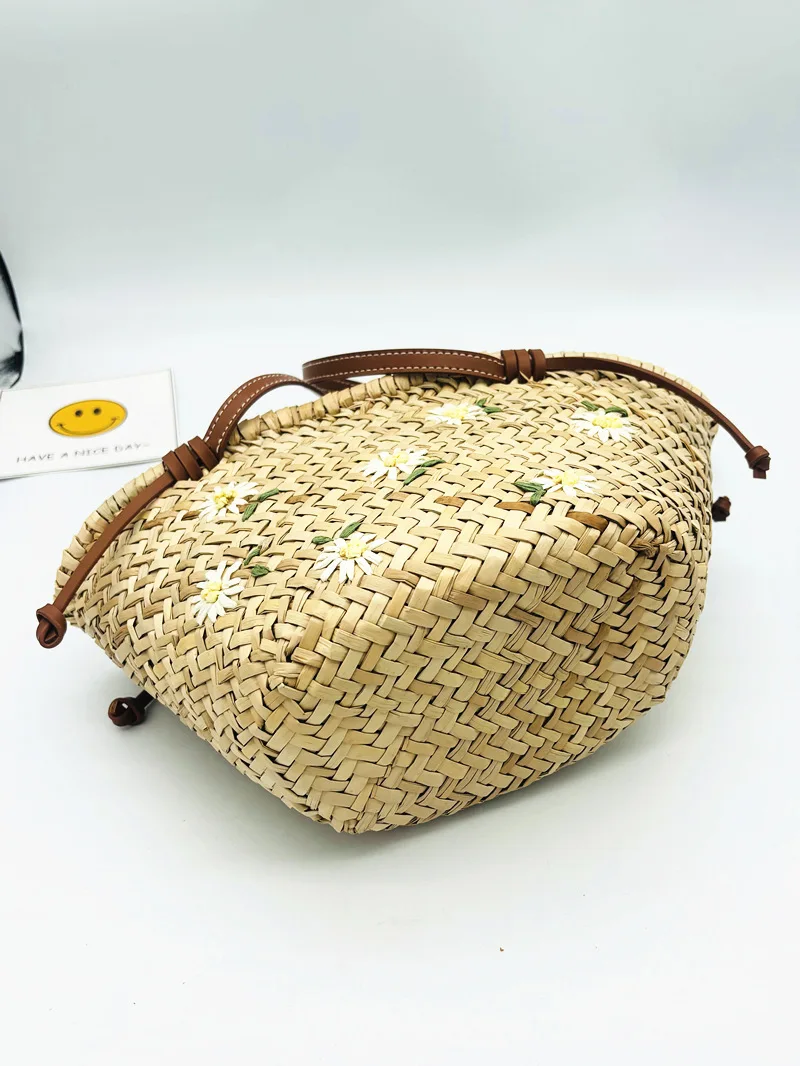 New Women’s Embroidered Floral Handmade Straw Woven String Closure Shoulder Beach Bag Two Straps Middle Size Summer 2025
