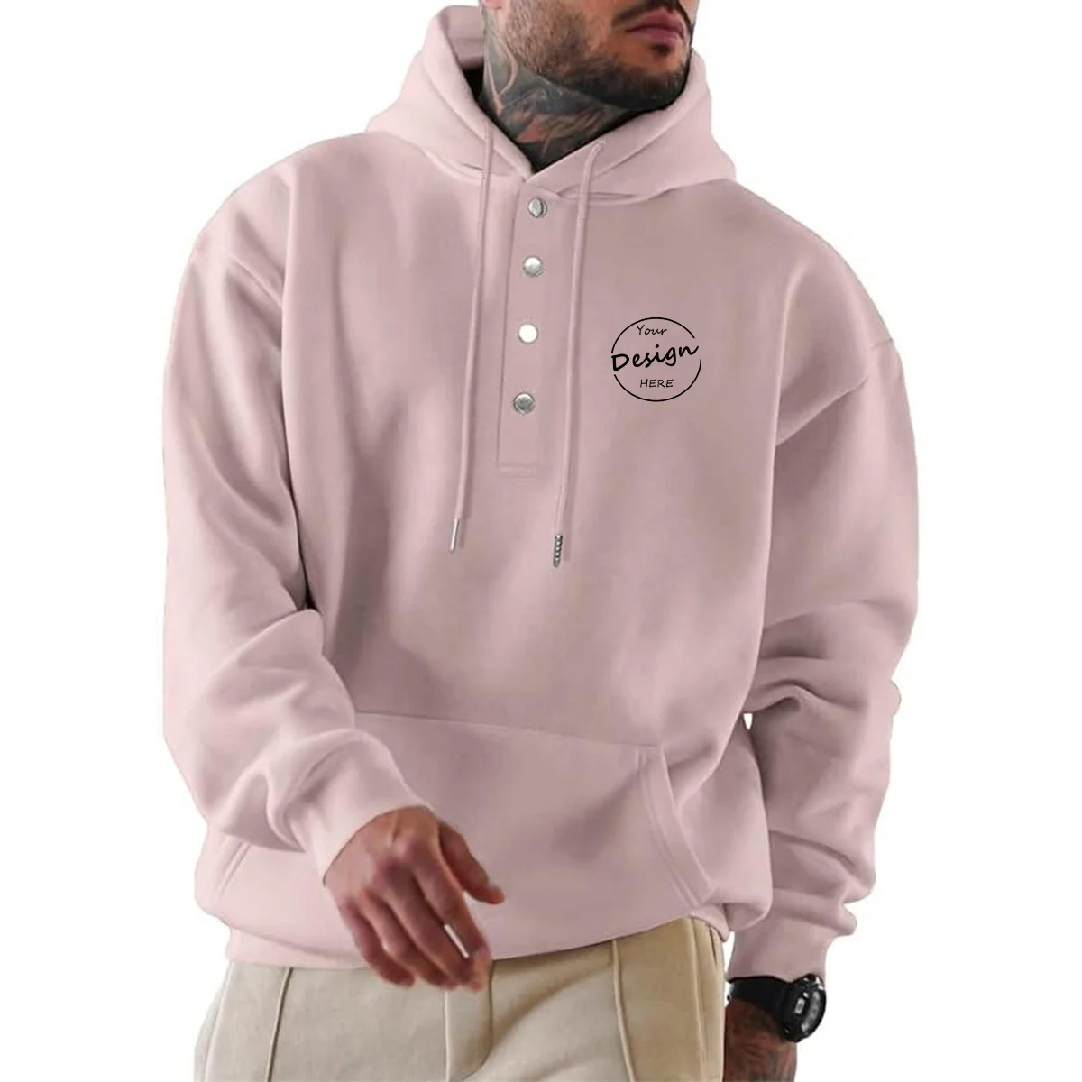 JL927A Stringless Hoodies Quality Thick Cotton Pullover Hoodie No String Kangaroo Pocket Men Snap Button Sweatshirt With Hood