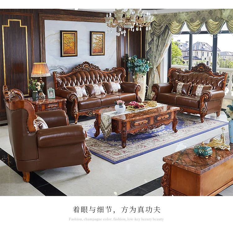 European-style Leather Sofa American Solid Wood Carved Villa Living ...