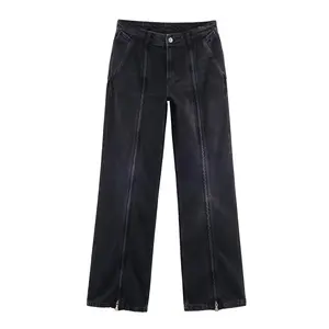 European and American Style New Women's Classic Loose Mid-Waist Dark Washed Denim Summer Wide Leg Zipper Jeans