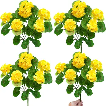 Artificial Geranium Silk Yellow Bush Flower for Floral Home Decor Indoor Garden Patio Grave Cemetery Vase Table Decor