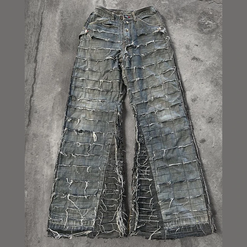 DiZNEWdenim jeans wholesale Custom washed Fashion Pleated straight leg damaged loose cat beard mens straight leg jeans