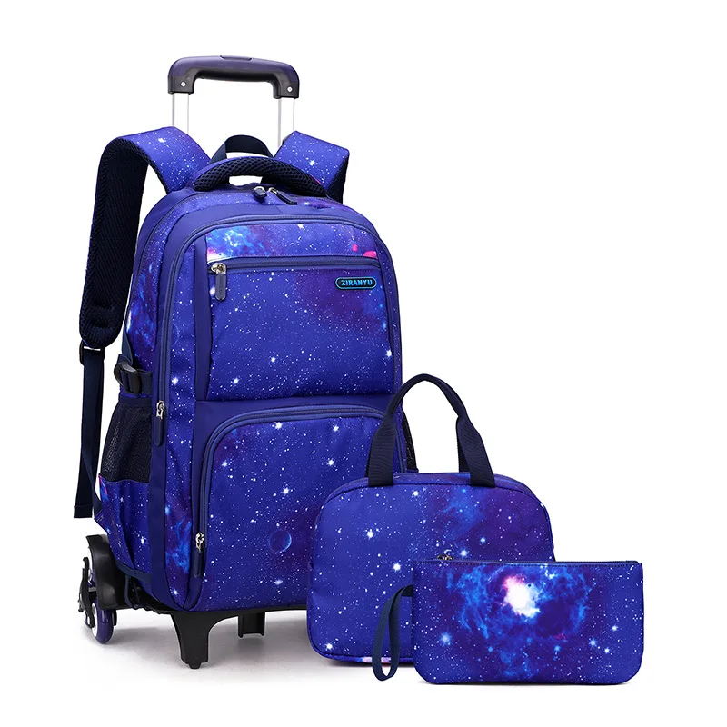 Large Capacity Middle School Three-Piece Set Pull-Pole Stair Climbing Wheels Practical School Bag for Students