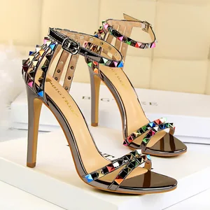 Women's Summer High Heel Sandals Decorative Rivets Hollowed Colored Stripes PU Insole Height Increasing Exposed Toes Design
