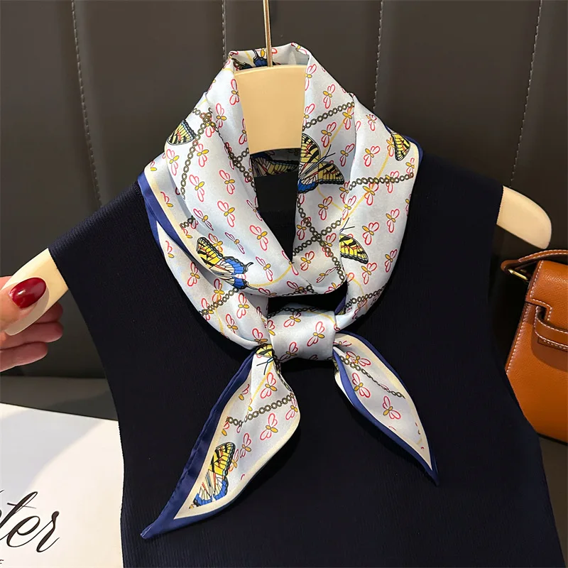 Fashion Office Lady Flower Printed Skinny Satin Silk Ribbon Scarf