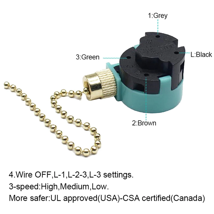 ZING EAR ZE-268S6 3-Speed 4-Wire Ceiling Fan Wall Lamp with