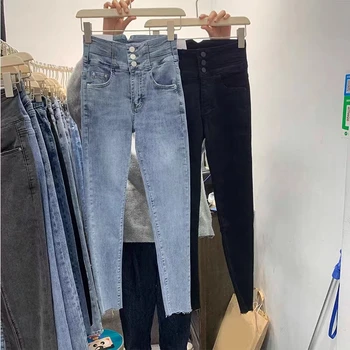 Wholesale Customized High Waist Elastic Tight Fit Versatile Buckle Pencil Pants Denim Plus Size Women's Jeans