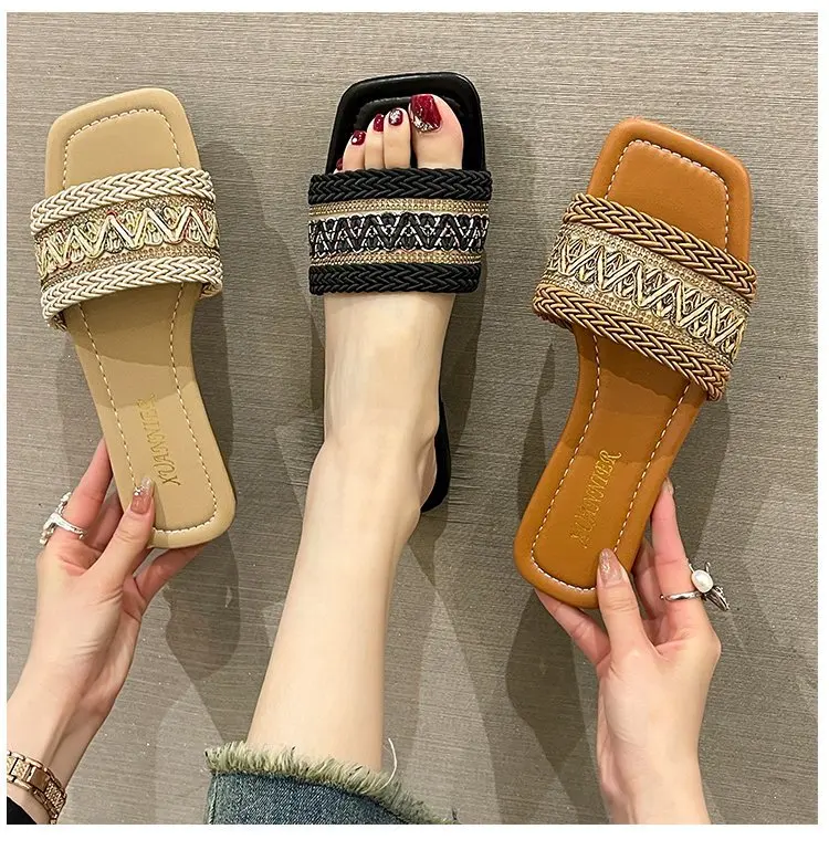 Sandalias planas a cuadros para mujer, calzado de diseñador de