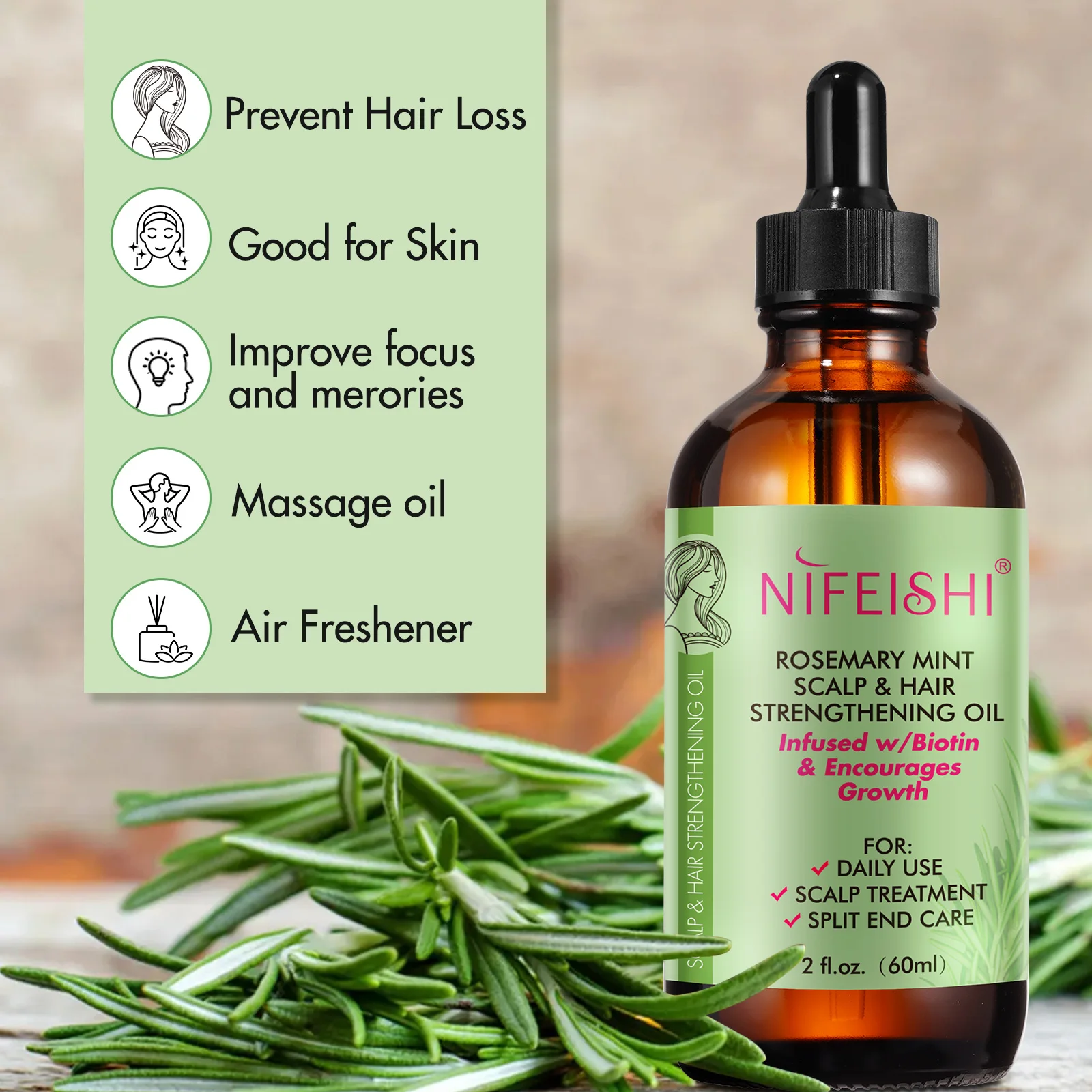 Nifeishi Rosemary Mint Scalp Hair Strengthening Oil,60ml Organic ...