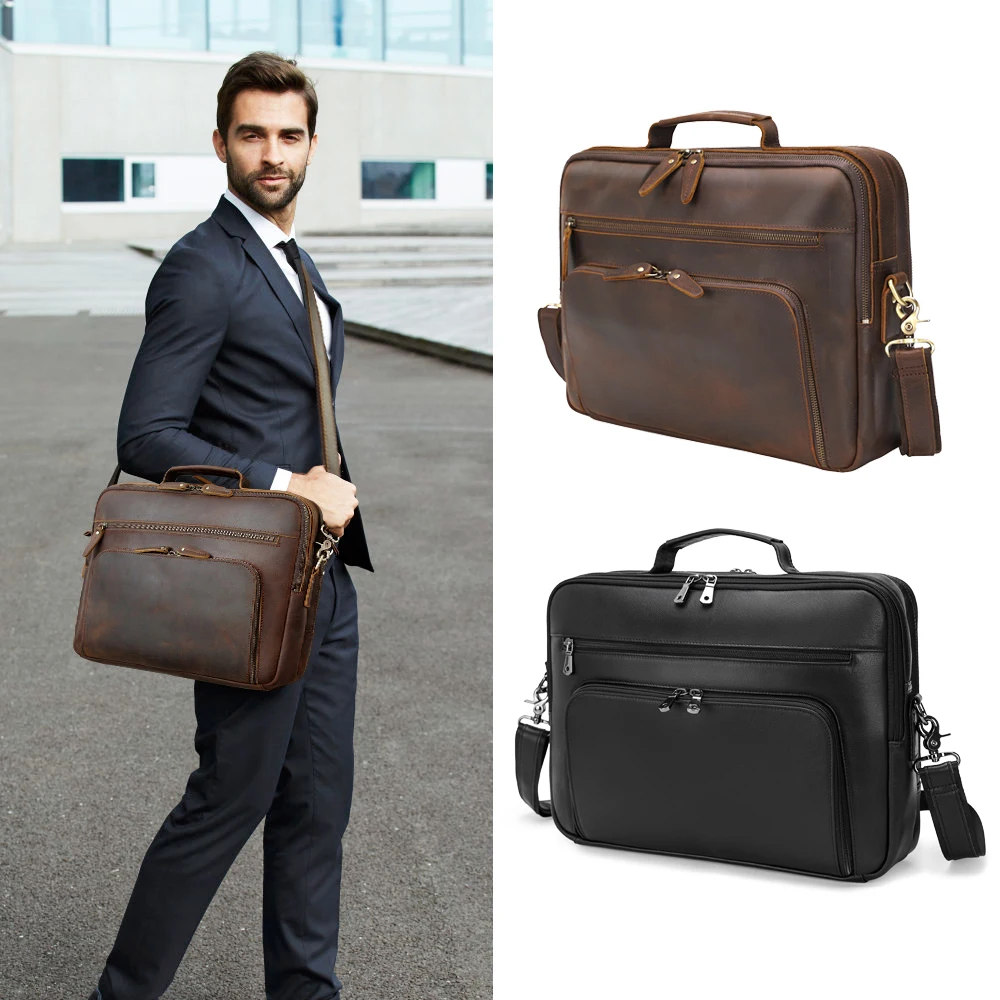 Hot Sale Custom Logo Materia Real Full Grain Leather 15 Inch Laptop Briefcase Office Bag Crazy Horse Genuine Leather Briefcase