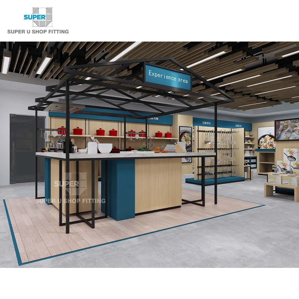 Modern Custom Wood Cookware Department Store Fixtures Hot Fashion Unique Housewares Shop Interior Design for Kitchenware