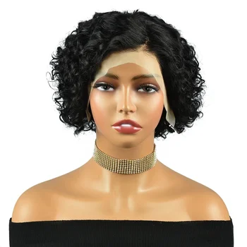 Short Bob Wig Pixie Cut Curly Human Hair Wigs for Women Black Color 13x4 Lace Frontal Wig Preplucked Hair 100%human Hair