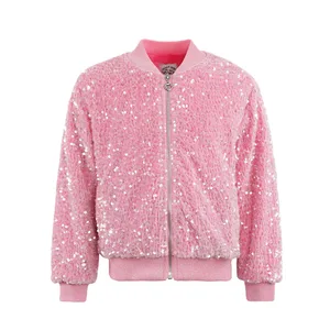 Customizable Girls Pink Faux Fur Sequin Bomber Jacket Soft Shiny Kids Fashion Outerwear for Casual Wear
