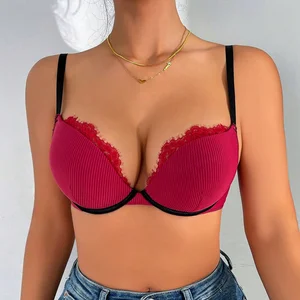 High Durable Beautiful Sexy Underwear Women Open Ruffles Back Bra Embroidered Knitted Push-Up Comfortable Underwire Adults