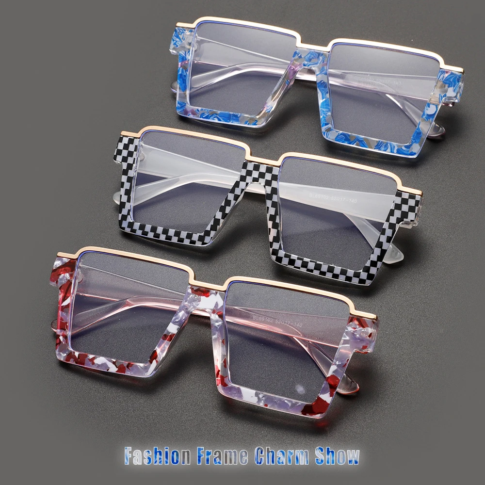 2025 Oversized Anti Blue Light Glasses Women Fashion Unique Print Plaid Semi Frame Metal aperçu 6