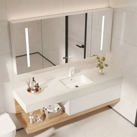 Custom LED Smart Mirror Design  Bathroom Vanity Cabinet Combo with Sink and Quartz Countertop