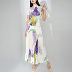 High Quality Fast Shipping 2 Piece Set Women Summer Pleated Shirt and Printed Pleated Skirt Sets for Women Two Pieces