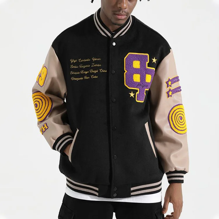 High Quality Alphabet Crucifix Leather Sleeve Baseball Patchwork Chenille Embroidery Varsity Jackets For Men_voghion.com