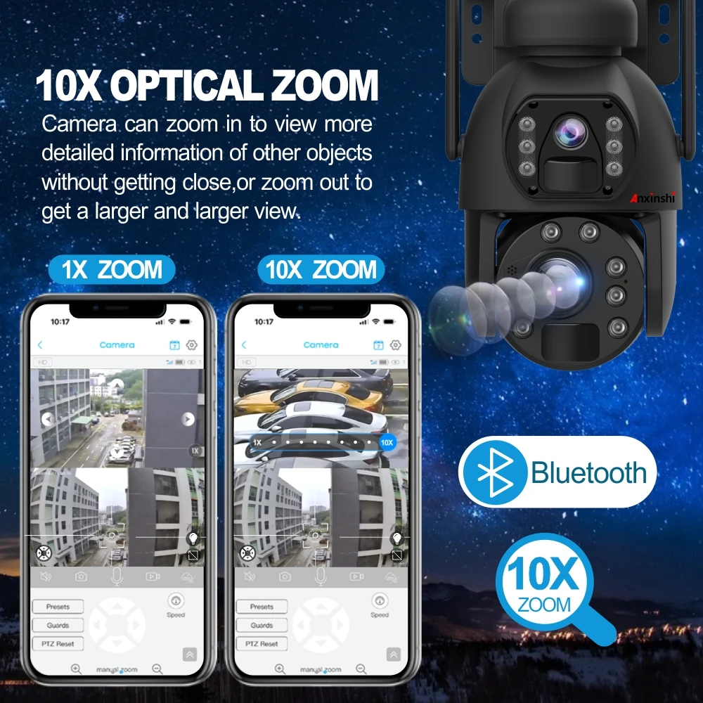 Anxinshi 10X Wireless 6MP Dual Lens Wifi Camera with Solar Battery