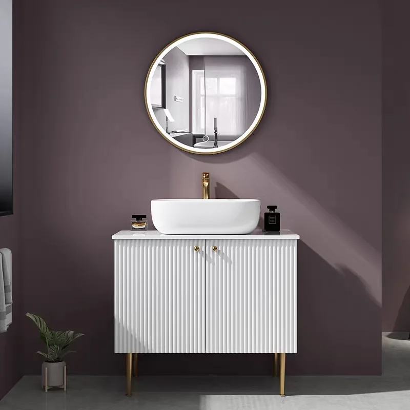 product wholesale luxury floor standing bathroom cabinet soild wood curved bathroom vanity set with round mirror-5