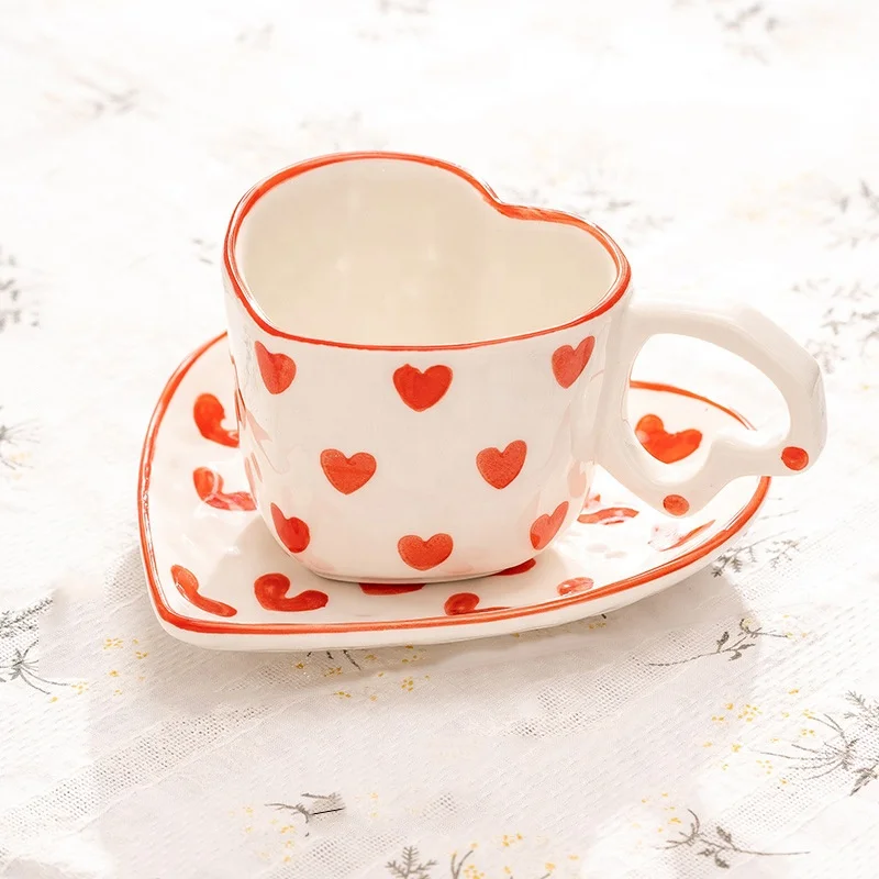 Creative Heart Shaped Mug Hand Painted love Heart Ceramic Coffee Cup and Saucer Valentines Day Gift Mugs