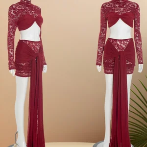 Viviblook D25ST402 Autumn Sexy Women's Set Sexy Lace Mesh Long Sleeve Crop Top Tie-up Mini Skirt Set 2 Pieces Set for Ladies