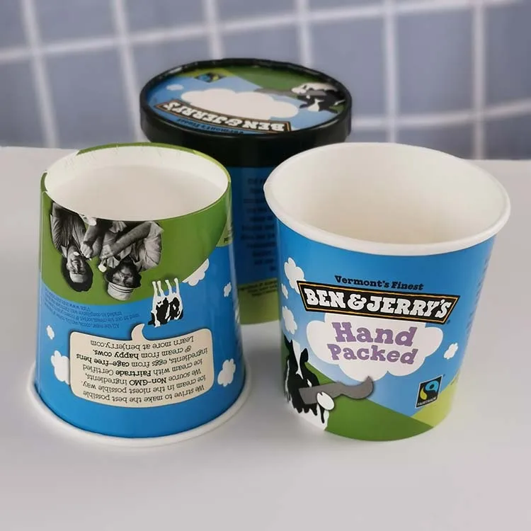 Disposable Biodegradable Custom logo Container 16oz 500ml Ice Cream Paper Cups with Lid