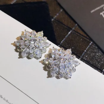 Fine jewelry bride wedding zircon earrings Sun Flower snowflake silver CZ Crystal zircon stud earring For Women