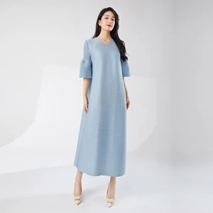 Miyake Summer Collection Women Vintage Fashion Solid Color Dress Plus Size Casual Loose Elastic Design Dresses