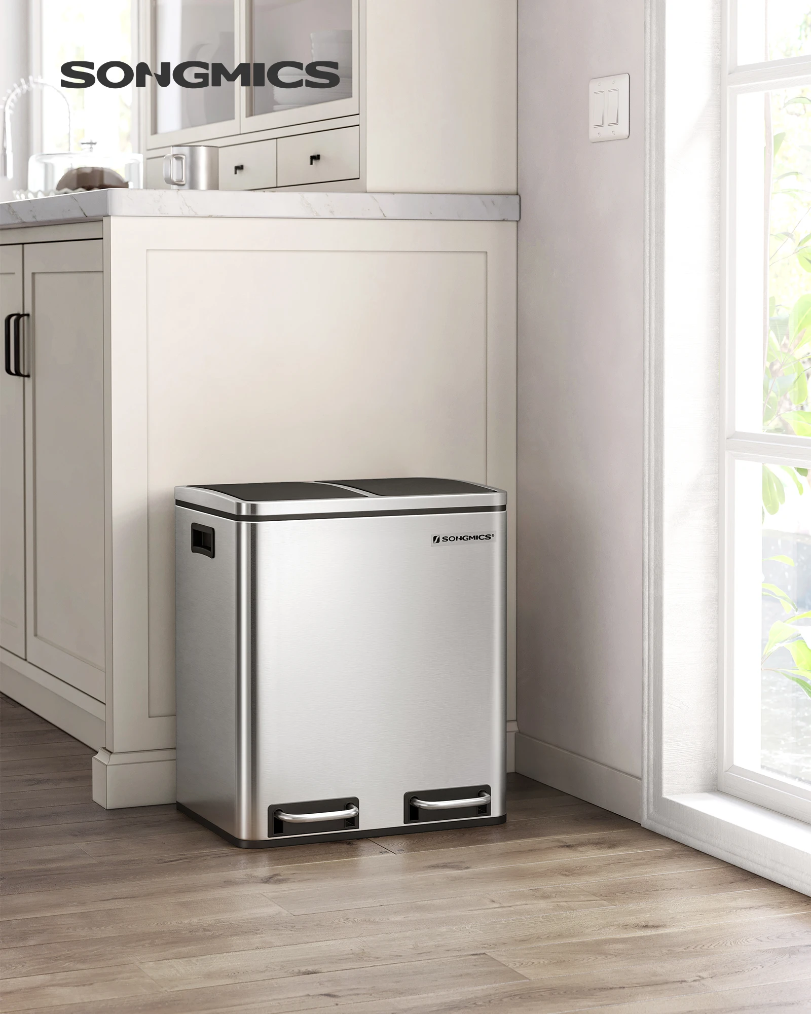 Songmics 8 Gallon Double Recycle Pedal Bin Rectangular Stainless Steel Recycling Bin Triple