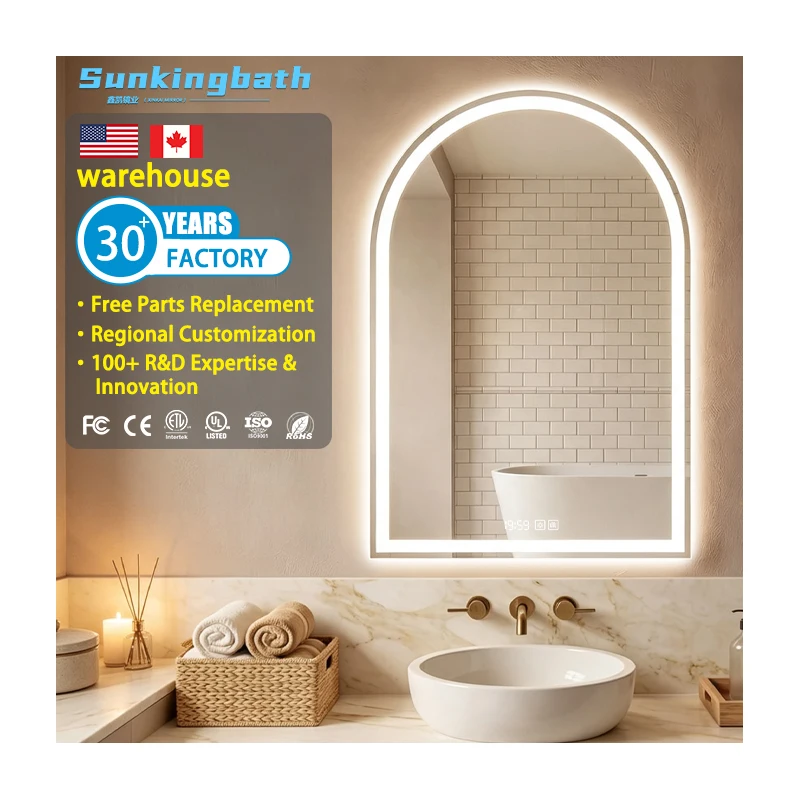 Modern Arch LED Salon Mirror Anti-Fog Dimmable Frameless Lighted Bathroom Vanity Mirror Arched Bathroom Mirror with Led Light
