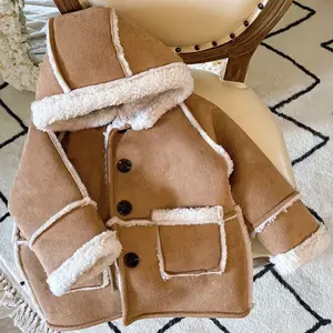 Customized Fall Winter Unisex Warm Eco-Friendly Coat Infant Baby Girls Toddler Boys Solid Brown Worsted Fabric Lantern Sleeve