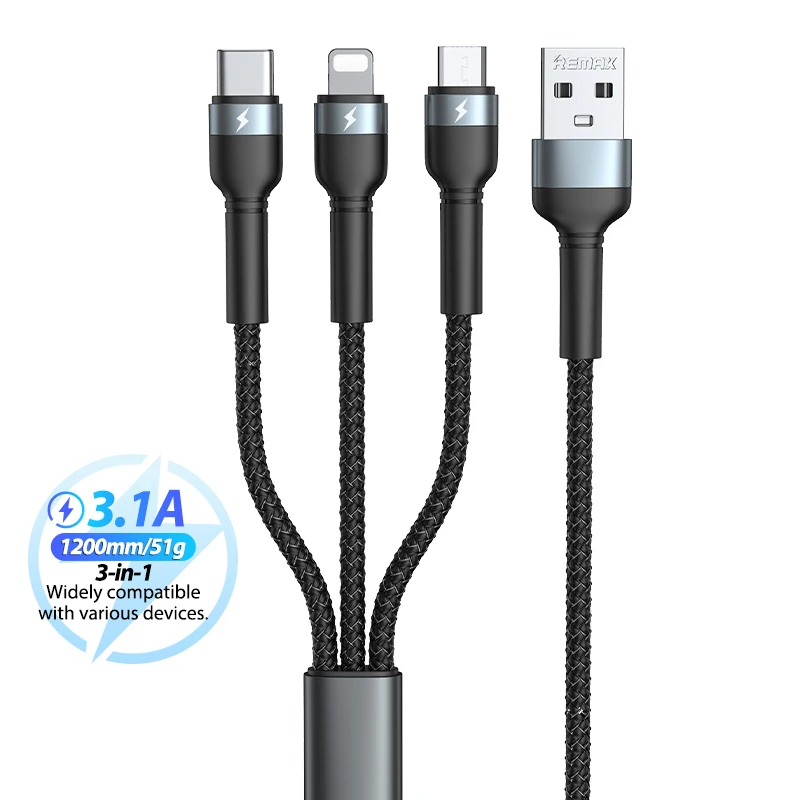 Remax RC-124th 1,2 M Usb 3A быстрая оптовая продажа кабели для передачи данных зарядное устройство андроид телефонный разъем USB кабель для зарядки 3 в 1