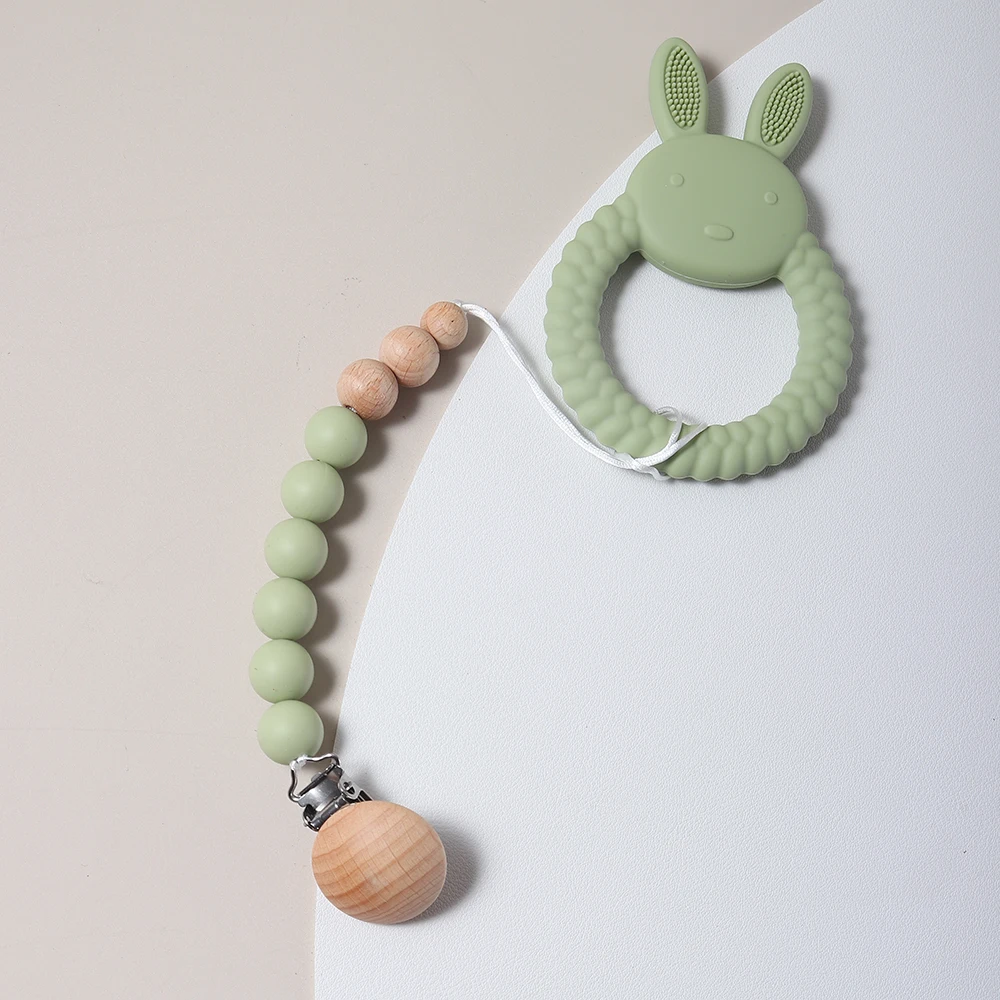 Pacifier Chain and Baby Teether Rabbit Bunny Shape Silicone Teether Teething Toy Kids Sensory Educational Toy Baby Gift Set