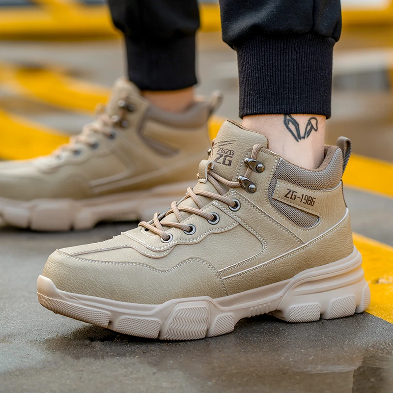 Zg 902 Steel Toe Work Boots For Men Beige High Cut Safety Shoes